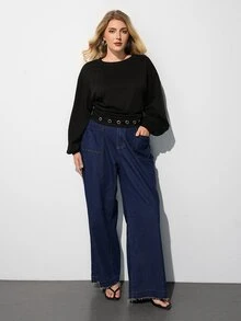 Maija Plus Size Women Solid Color Round Neck Drop Shoulder Long Sleeve Eyelet Design Casual Sweatshirt - Khaki - View 3