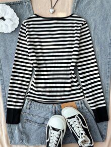 SHEIN 青少年女孩 T-shirt 春秋冬新款針織復古 Y2K 風格條紋小 V 領休閒極簡長袖上衣，返校穿搭，街頭風，修身版型 - 黑與白 - 查看 2