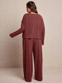 Elaquor 大尺碼女款純色落肩長袖T恤與腰部繫帶長褲休閒兩件套 - 鏽棕色 - 查看 3