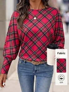 SHEIN Clasi 女款紅格紋圓領羊腿袖休閒復古百搭T恤，聖誕女裝辦公穿搭 - 紅色 - 查看 3