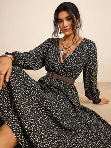 Freevana Plus Size Fall Clothes All Over Print Shirred Leopard Long Sleeve Dress - Multicolor - View 1