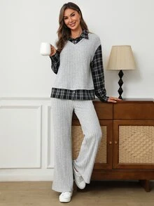 EMERY ROSE Women's Patchwork Plaid 2 In 1 Long Sleeve Top And Pants Casual Two Pieces Set - Grey - View 3