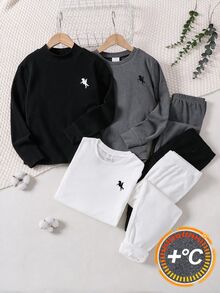 SHEIN 兒童青少年男孩休閒純色加厚保暖內裡中領長袖底層T恤與長褲內著套裝，適合居家穿著，適合疊穿，適合秋冬季節 - 黑色 - 查看 1