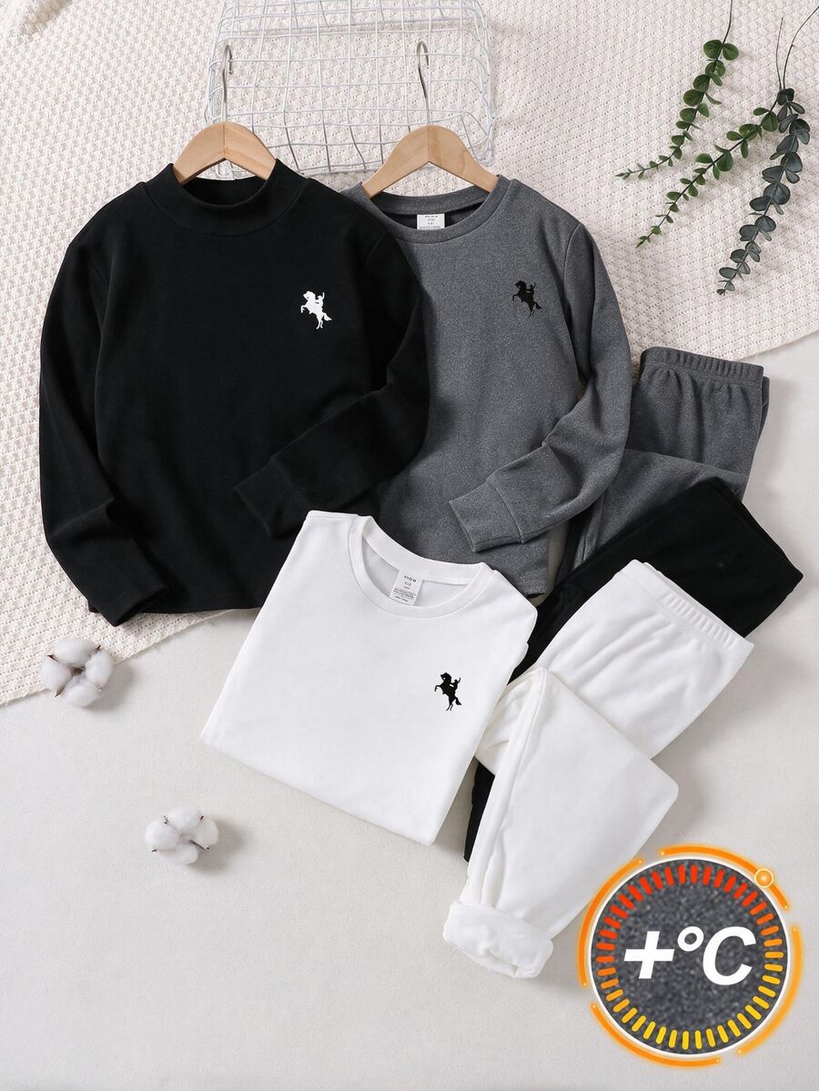 SHEIN 兒童青少年男孩休閒純色加厚保暖內裡中領長袖底層T恤與長褲內著套裝,適合居家穿著,適合疊穿,適合秋冬季節 - 黑色 - 查看 1