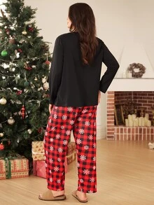 Doze Lane Christmas Snowflake Print Pocket Solid Color Long Sleeve Plaid Pants Plus Size Women's Pajama Set - Black - View 3