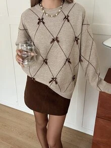 Livesso 女款冬季杏色圓領長袖麻花編織修身羅紋休閒毛衣 - 杏色 - 查看 3