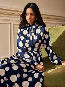 SHEIN French Style Large Polka Dot Long Dress, Ruffle Collar, Long Sleeve, High Waist, Slimming Layered Hem, Versatile Daily & Travel Long Dress - Multicolor - View 3