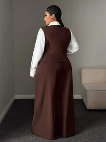 Maweii Plus Size Brown Casual Slim Fit Blazer & High Waist Long Wide Leg Pants Contrast Color Suit Set - Brown - View 6