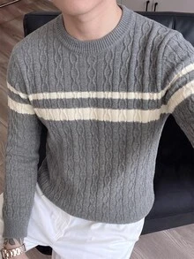 Marvello Homme 男士圓領懶人長袖套頭毛衣，休閒針織衫，秋冬灰色寬鬆上衣，時尚百搭對比色 3D 紋理羅紋套頭衫 - 灰色 - 查看 4