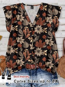 SHEIN CURVE+ 大尺碼浪漫花卉印花女款短袖荷葉袖上衣 - 白色 - 查看 1