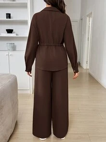 SHEIN 孕婦純色長袖腰部綁帶上衣與可調節腰圍長褲優雅兩件套秋季 - 棕色 - 查看 5