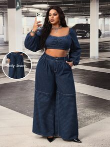 Slaydiva Plus Size Women's Non-Stretch Striped Wide Leg Loose Casual Versatile Denim Jeans - Dark Wash - View 8