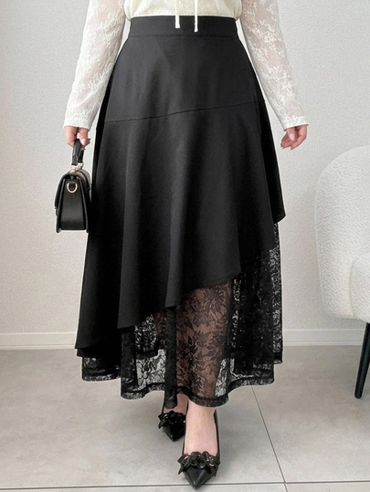 Dazy Plus Winter New Elegant Versatile High Waist Contrast Lace Full Skirt Long Skirt Tea Party Office Black
