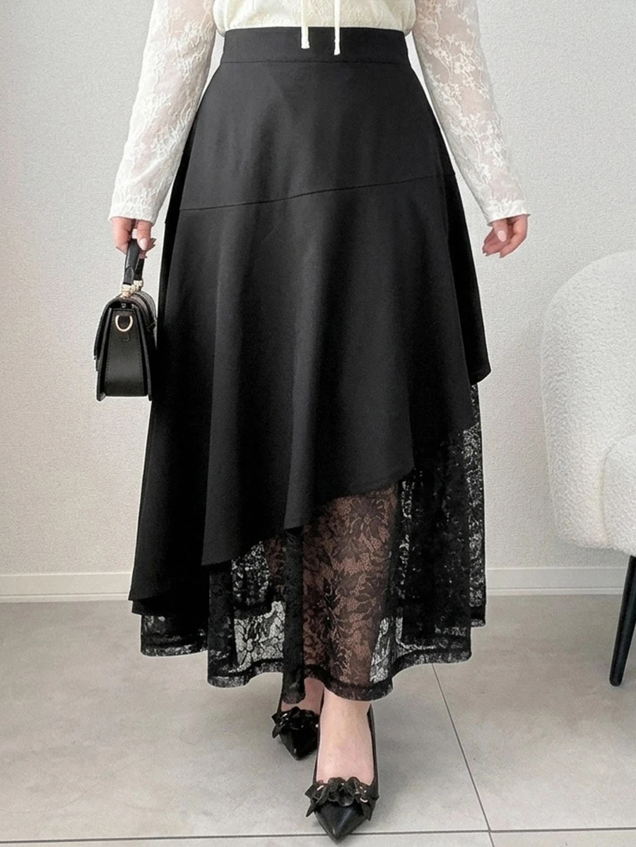 Dazy Plus Fall New Elegant Versatile High Waist Contrast Lace Full Skirt Long Skirt Tea Party Office Formal Black - Black - View 1