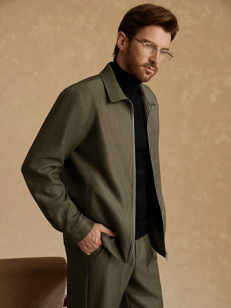 Core Aspect Men's Solid Color Zip-Up Long Sleeve Jacket And Pants Casual Everyday Set - Army Green - View 1