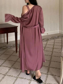 Dazy Plus Contrast Lace Elegant Long Nightgown & Long Cardigan Robe, Spring/Autumn New Red Sleepwear Set - Red Violet - View 2