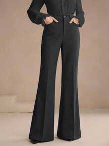 Anewsta Essential Women's Dark Gray Suit Pants With Rivet Pockets, Elegant Fashionable Business Casual Flare Leg Trousers - Dark Grey - View 3
