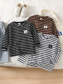 SHEIN Genkimix Kids 3件組男孩條紋T恤，秋冬保暖內搭層 - 彩色 - 查看 1