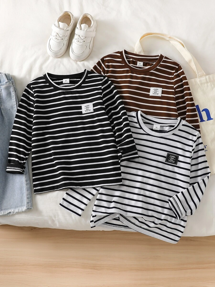 SHEIN Genkimix Kids 3件組男孩條紋T恤,秋冬保暖內搭層 - 彩色 - 查看 1