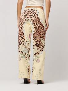 Musera Petite Lace Up Straight Leg Printed Jeans Autumn Winter Back To School Daily Everyday - Multicolor - View 3
