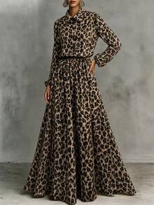 SHEIN Women's Fall/ Casual Elegant Commute Outfit Leopard Print Long Sleeve Loose Blouse + Voluminous Wide Leg Long Pants Dinner Everyday Beige - Brown - View 4