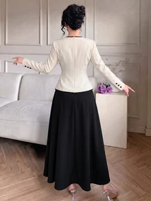 Modelyn Women's Black & White Colorblock Cinched Waist Jacket & Midi Skirt 2 Pieces Set - Black and White - View 3
