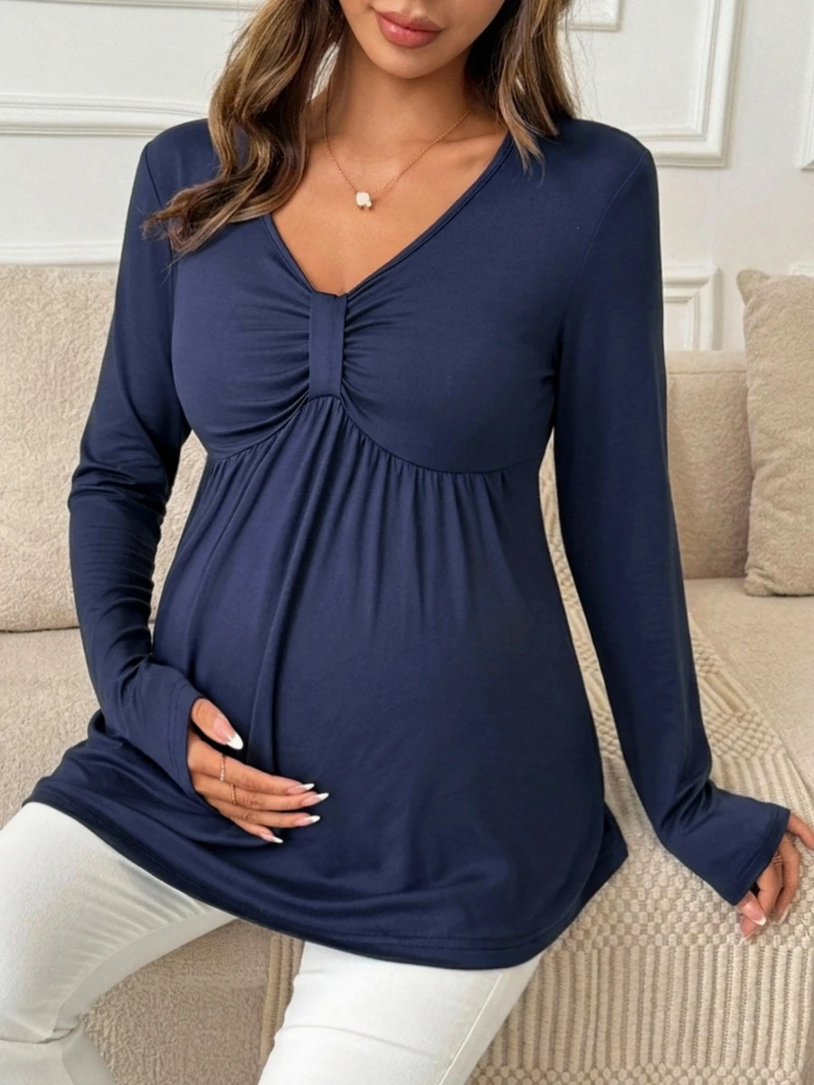 DAZY Solid Color Loose Hem Long Sleeve V-Neck Elegant Vacation Spring/Autumn Maternity T-Shirt - Blue - View 1