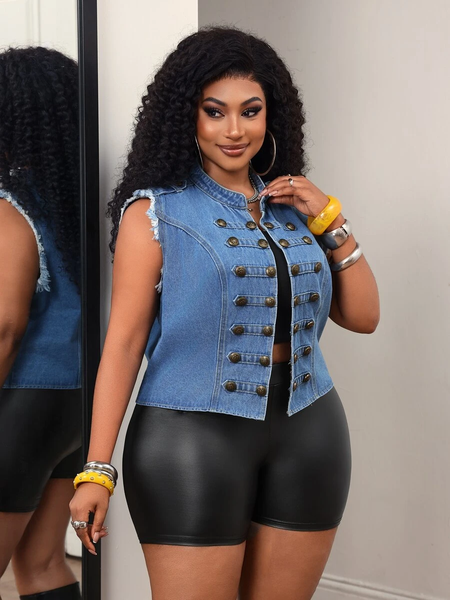 Slaydiva Plus Size Women's Frayed Hem Casual Daily Denim Jacket - Blue - View 1