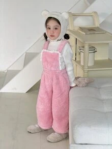 DAZY Baby Girl Frill Trim Plush Overall Casual Romper - Pink - View 6