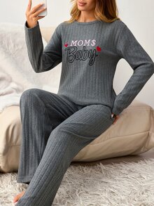 SHEIN 2pcs MOM'S Baby Slogan Embroidered Long Sleeve Pajama Set Soft Rib Knit Round Neck Top & Full Length Lounge Pants Pajama Set For Women Comfort - Grey - View 4