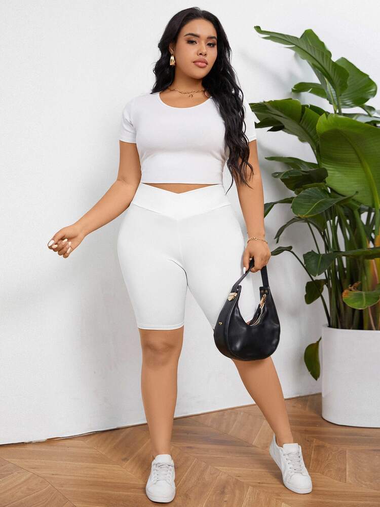 SHEIN LUNE Plus Size Criss-Cross Waistband Casual Summer Shorts - Multicolor - View 6