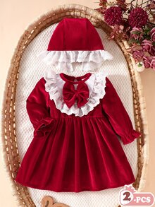 Souflis Souflis 2件組 幼兒女嬰天鵝絨洋裝 優雅甜美酒紅色 蕾絲蝴蝶結荷葉邊長袖圓領 聖誕派對秋季假期優雅時尚帽 - 紅色 - 查看 3