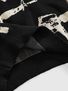 ROMWE Grunge Punk Women Allover Contrast Graphic Drop Shoulder Knit Sweater, Wide Neck Loose Fit Streetwear Pullover - Black - View 5