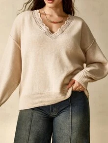 Nubod Lace V-Neck Soft Apricot Knitted Sweater - Apricot - View 4