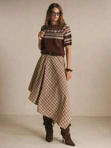 Poéselle Women's Casual Versatile Pullover, Fair Isle Pattern Short Sleeve, Suitable For Daily Wear,Women Fall Winter Sweater,Fashionable Tops - Brown - View 2