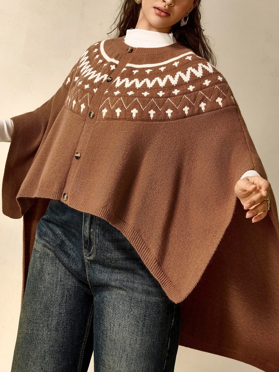 Nubod Plus Size Vintage Geometric Jacquard Loose Cape Knit Sweater - Camel - View 1