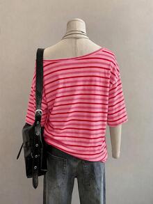 SHEIN EZwear 休閒極簡條紋滿版印花單肩落肩短袖寬鬆女款T恤 - 彩色 - 查看 5