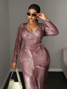 Maweii Plus Size Sexy V-Neck Fitted Print Long Sleeve Women's Dress - Brown - View 1