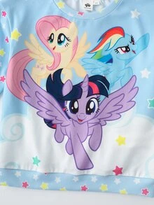 My Little Pony X SHEIN طقم سويت شيرت برقبة دائرية وأكمام طويلة وبنطلون واسع للفتيات الصغيرات G4 X - الأزرق - مشاهدة 4