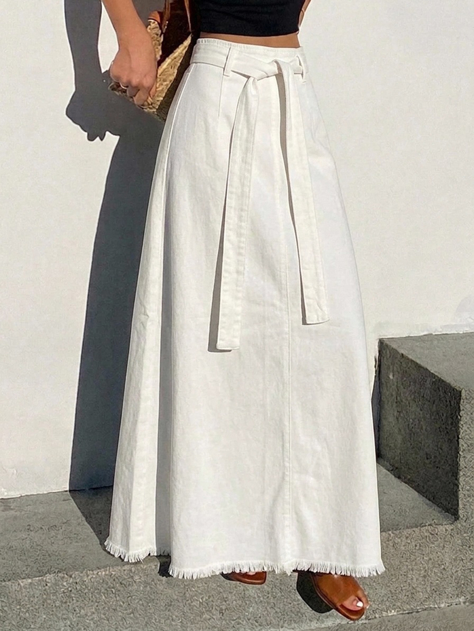 Summer Autumn White Loose Casual Vacation Office Commute Elegant Waist Tie Belt Cinched Waist Denim Skirt For Women