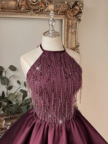 Lovelzi Elegant Romantic Fashion Berry Red Tassel Sequin Lace Patchwork Satin Halter Neck Design Oversized Flare Short Dress Suitable For Homecoming, Prom, Wedding, Party And Other Formal Occasions - Red Violet - View 4