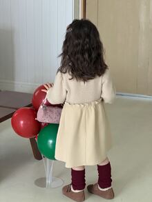 DAZY Baby Girl Round Neck Color Block Ruffle Cute Long Sleeve Dress - Beige - View 2