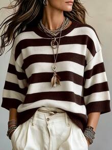 SHEIN Fall Casual Striped Knit Top, Round Neck Drop Shoulder Half‑Sleeve Loose Women Pullover - Multicolor - View 4