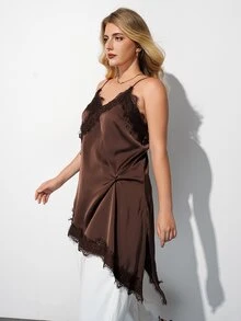 Maija Plus Size Lace Patchwork Asymmetrical Hem Cami Tank Top - Brown - View 1