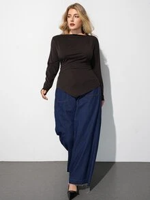 Maija Plus Size Fashion Streetwear Ruched Asymmetrical Hem T-Shirt - Brown - View 5