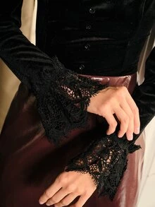 MOTF PREMIUM WOMEN'S ROMANTIC ELEGANT WAIST-CINCHING LACE TRIM VELVET BLOUSE - Black - View 7