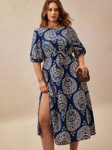 Écloséra Curve 大尺碼女款新款時尚印花燈籠短袖腰部扭結長洋裝 - 藏蓝色 - 查看 4