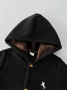 SHEIN 男童休閒百搭灰色龍鳳圖案羊毛混紡對比色厚款人造毛內裡連帽中長版大衣，連帽設計保暖實用，中長版大衣設計適合各種休閒場合，龍鳳羊毛混紡與對比色人造毛內裡設計讓大衣更時尚獨特，適合展現個人風格 - 黑色 - 查看 6