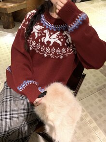 DAZY Women's Round Neck Loose Fit Patterned Christmas Casual Red Sweater Winter - Burgundy - View 2