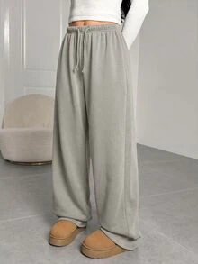 SHEIN Tween女孩秋冬保暖內裡加厚簡約寬鬆直筒運動長褲，花卉灰色休閒運動風日常穿著長褲 - 灰色 - 查看 6